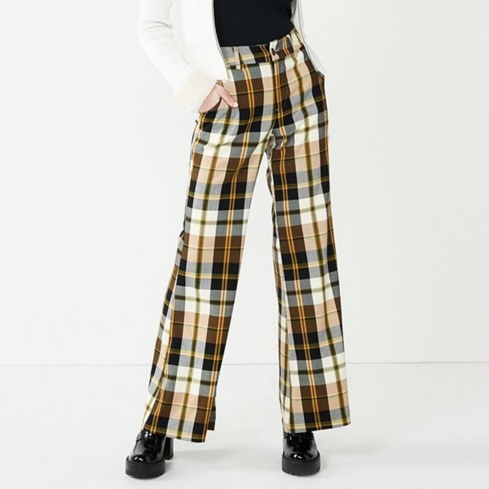 SO Plaid Wide-Leg Pants in Black, Brown, and Cream